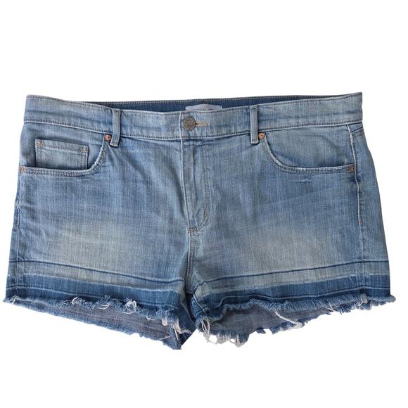 Womens Distressed Stretch Cut-Off Booty Denim Shorts 32 Grunge Frayed Dip Hem - Picture 1 of 6